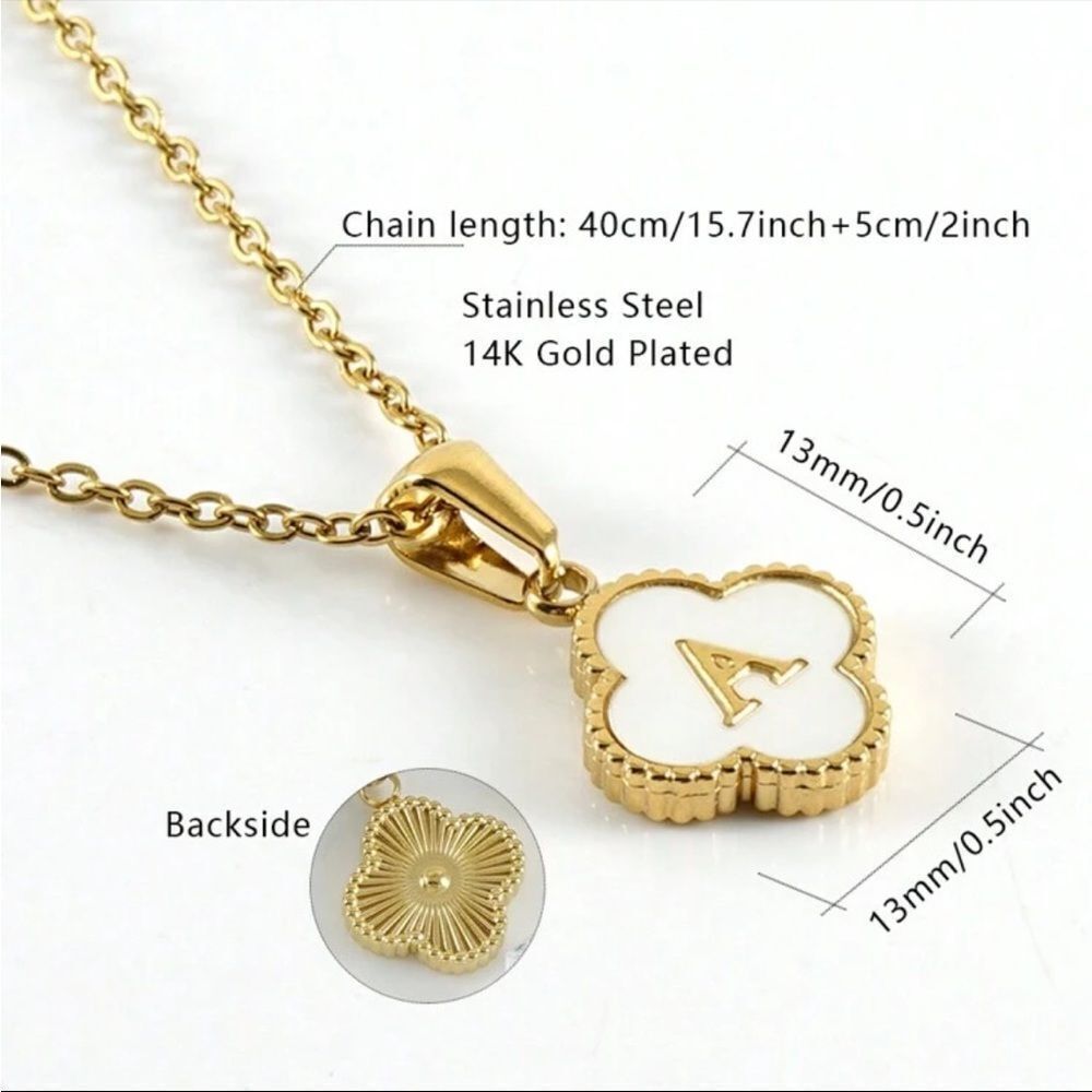 14K Gold Plated Stainless Steel Initial Necklaces “S” Four Leaf Clover Necklace - Picture 8 of 12